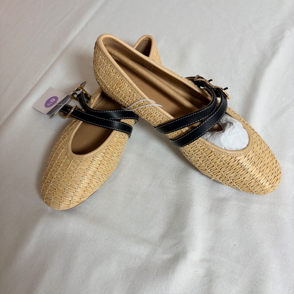 Universal Thread Mary Jane Flats 6.5 Beige Woven Straw New Double Buckle Straps